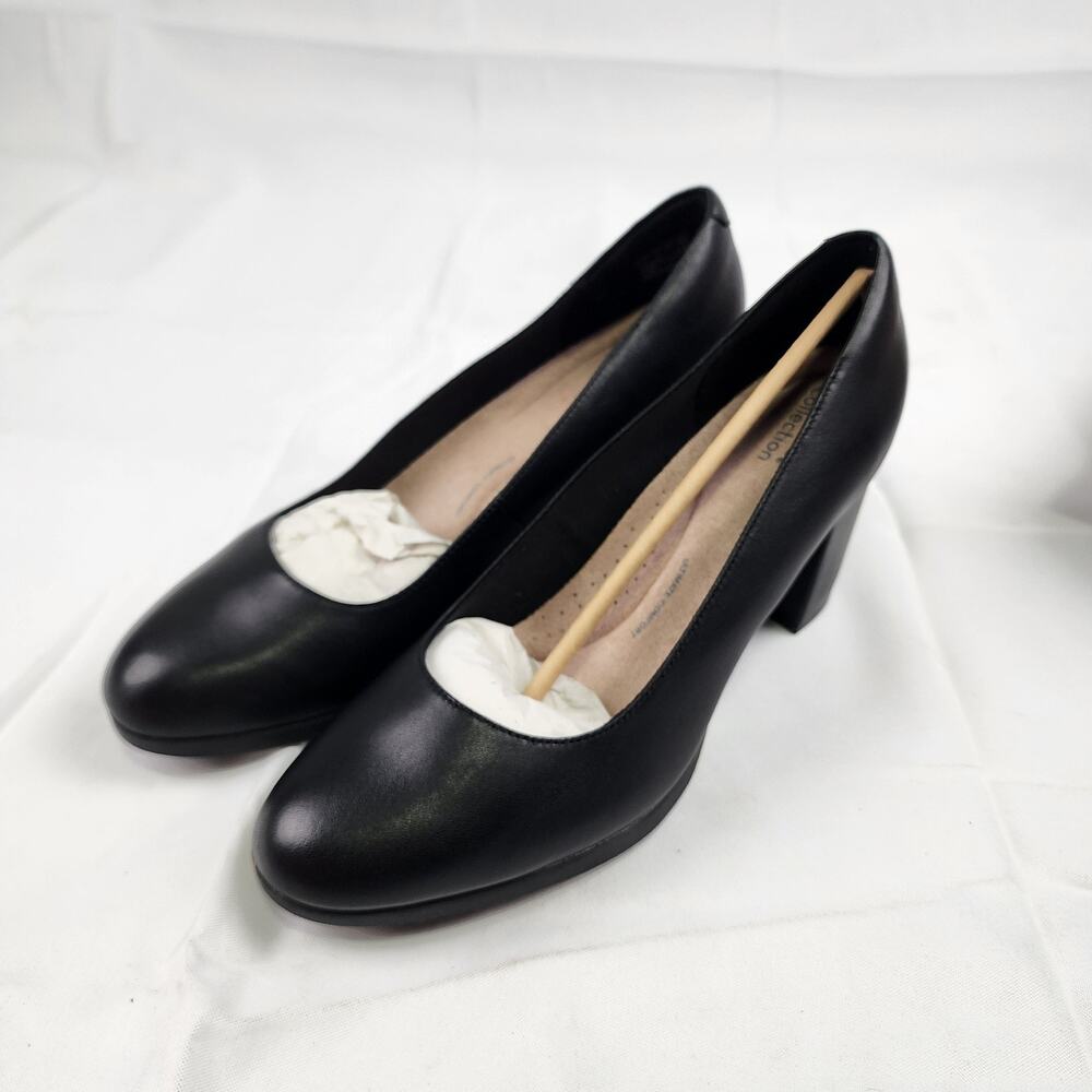 Clarks Collection Bayla Skip Black Leather Block Heel Pumps Women's US 11 M